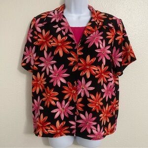 Vintage Pink & Red Floral Black Short Sleeve Button Down Shirt M Vacation Cruise